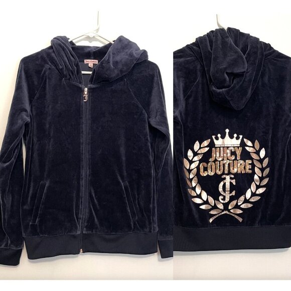 JUICY COUTURE Embellished Velour Hoodie Jacket Navy Blue w/ Back Sequin Logo Y2K - Picture 2 of 14